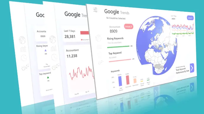 Interactive Power BI dashboard tracking global search trends for finance and job-related keywords with regional insights and keyword comparisons. Google Trend Analysis